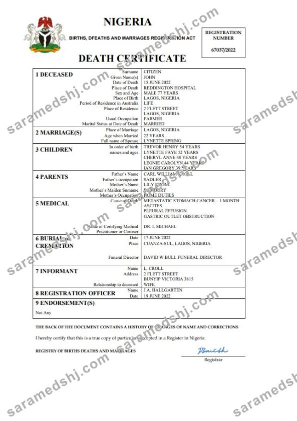 Nigeria vital record death certificate Word and PDF template